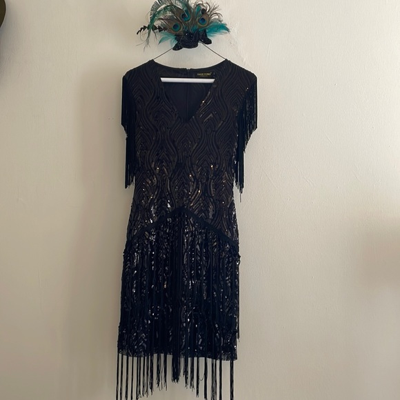 princess polly baby blue dress Navy 1920s V Neck Sequined Flapper Dress, Black / 2XL
